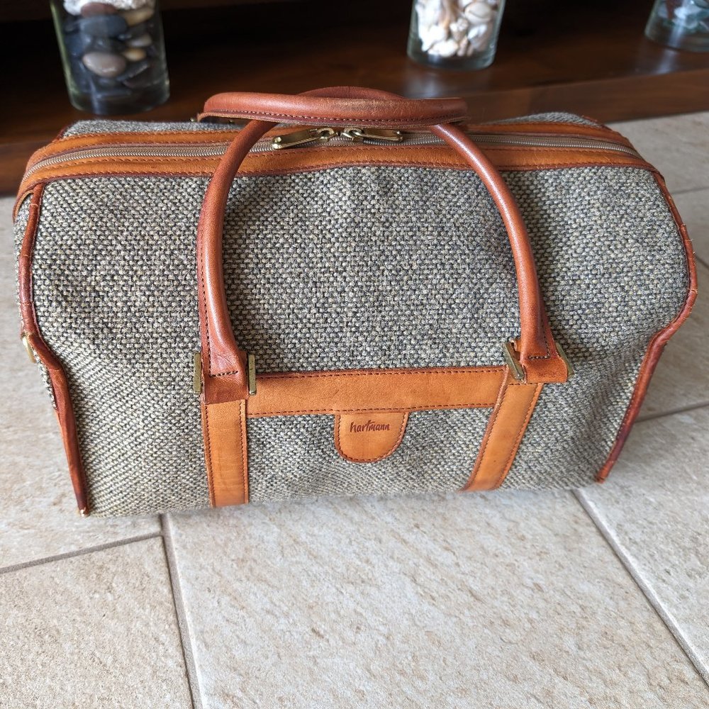 Hartmann Vintage Duffel or Valise, Tweed with Leather Trim, Plastic Lined